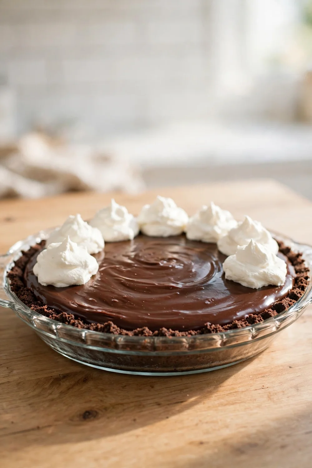 No bake silky chocolate pie with whipped cream dollops in a glass dish