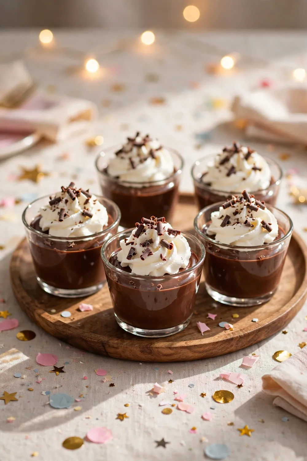 Mini silky chocolate pies in small cups with whipped cream