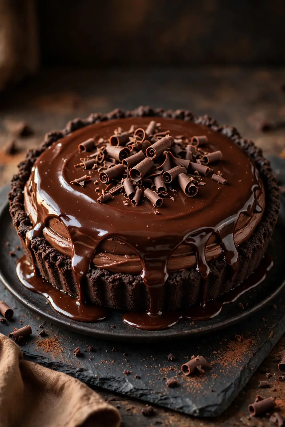 silky chocolate pie with glossy ganache topping and chocolate curls