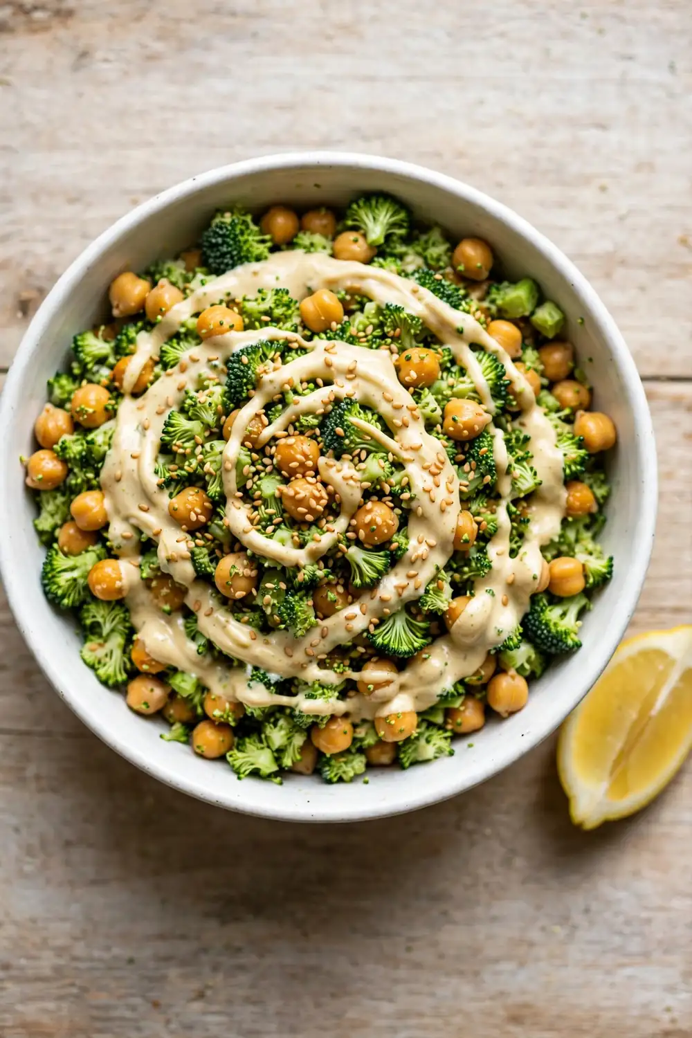 Chopped broccoli and chickpea salad with lemon tahini drizzle in a white bowl