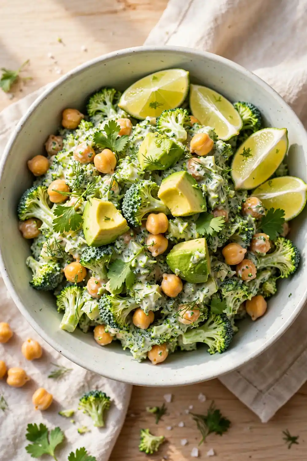 Creamy chopped broccoli and chickpea salad with avocado chunks and lime