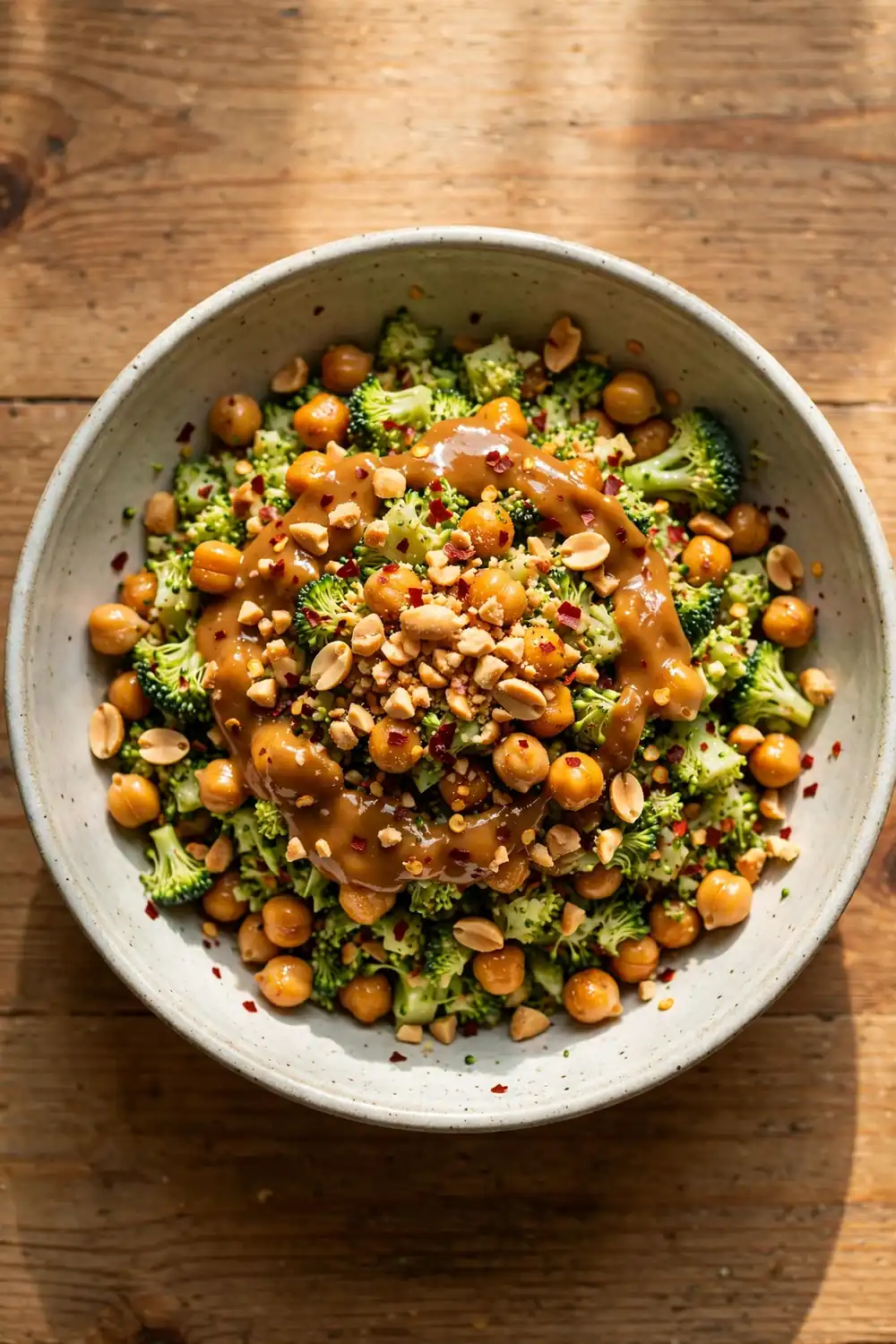 Spicy chopped broccoli and chickpea salad with peanut sauce and crushed peanuts