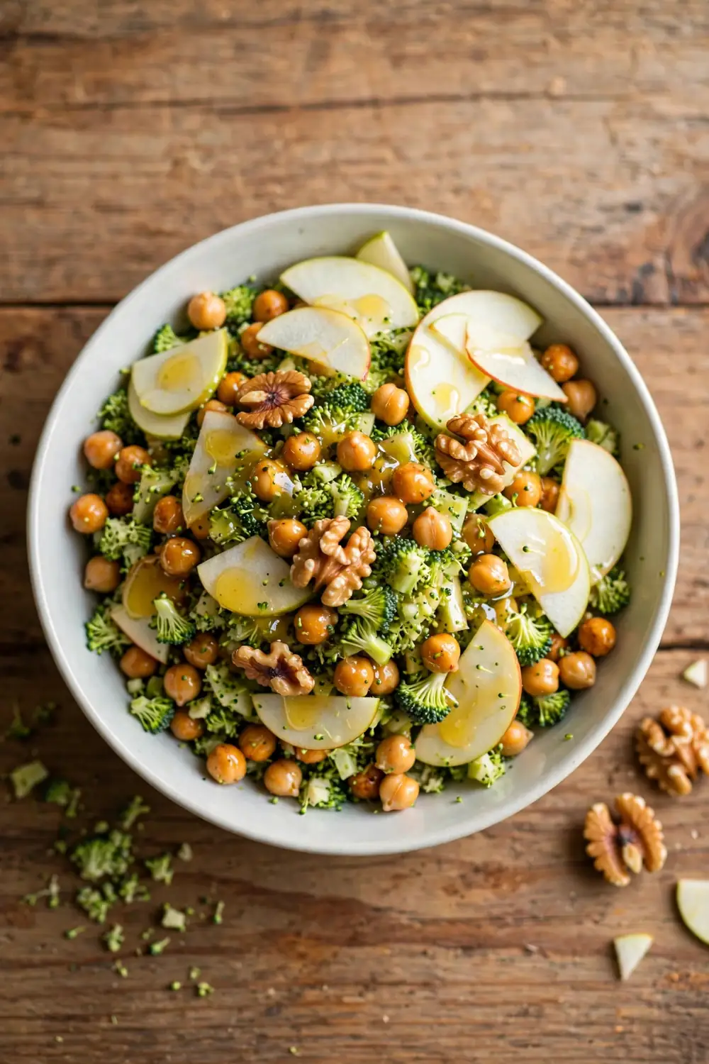 Chopped broccoli and chickpea salad with apple slices, walnuts, and honey dressing