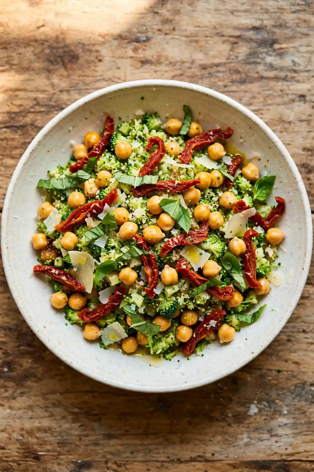 Chopped broccoli and chickpea salad with sun dried tomatoes and basil