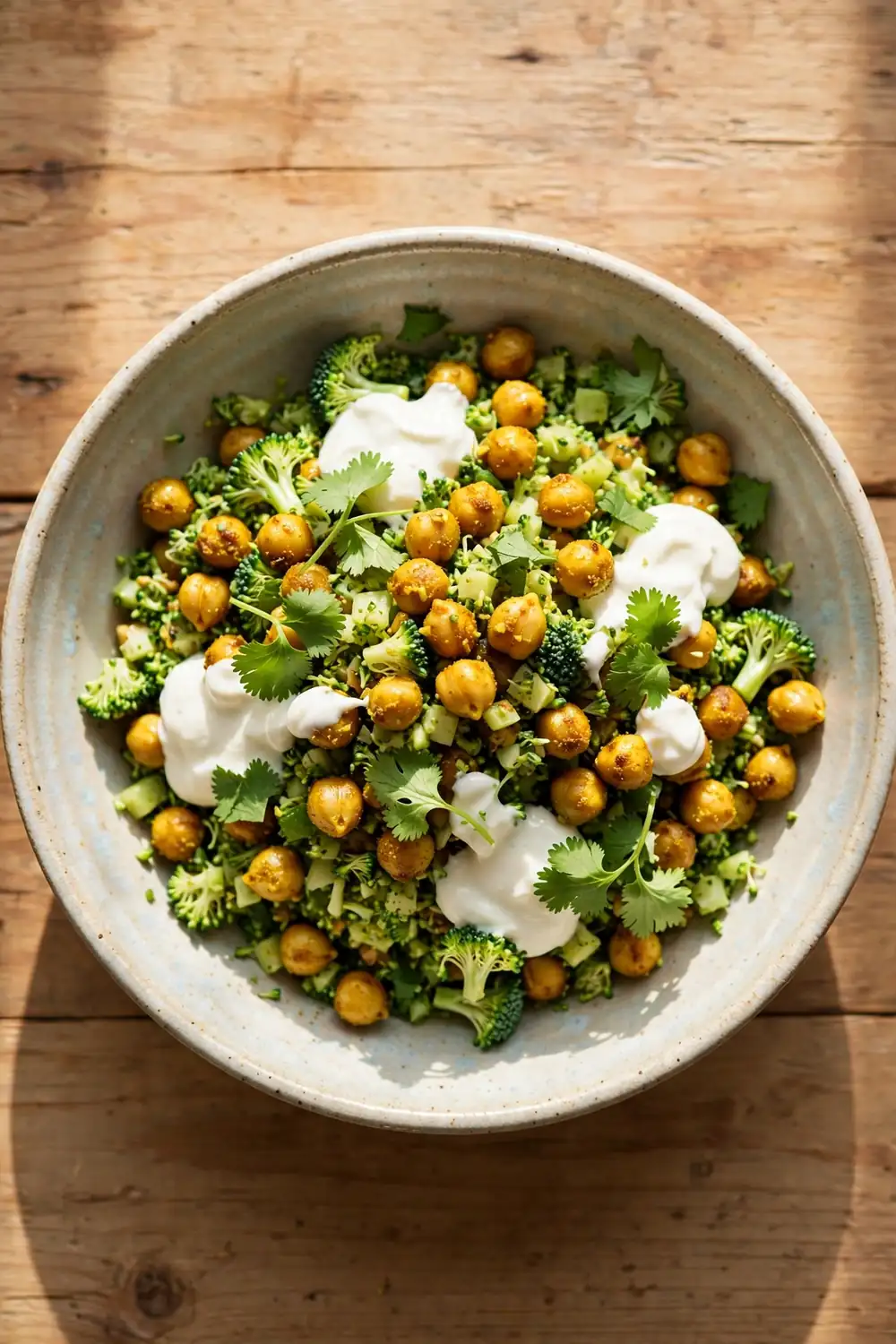 Chopped broccoli and chickpea salad with curry spiced chickpeas and yogurt dressing