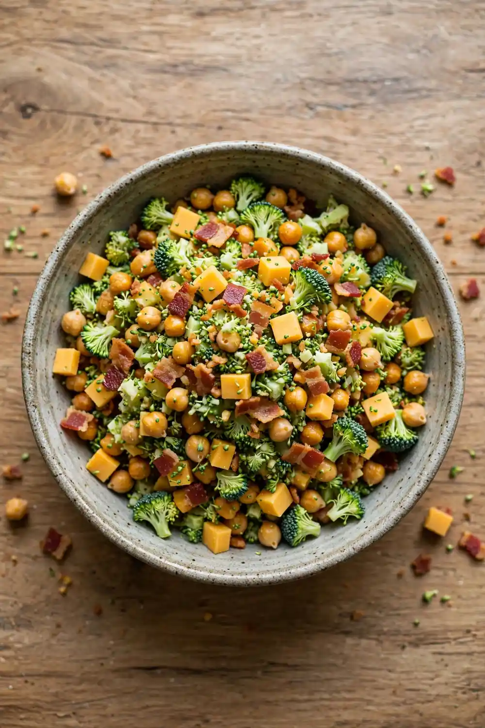 Chopped broccoli and chickpea salad with cheddar cheese and crispy bacon bits