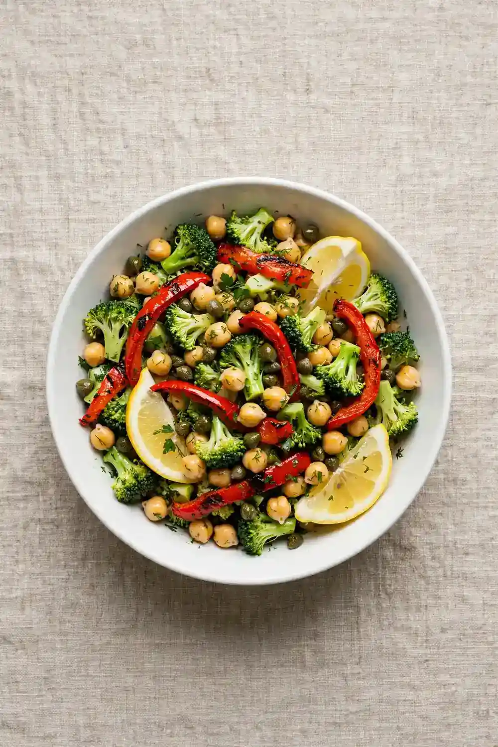 Chopped broccoli and chickpea salad with roasted red peppers and capers