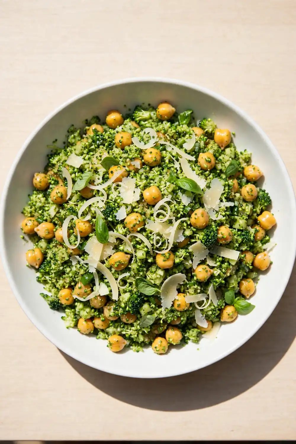 Chopped broccoli and chickpea salad with pesto and parmesan shavings