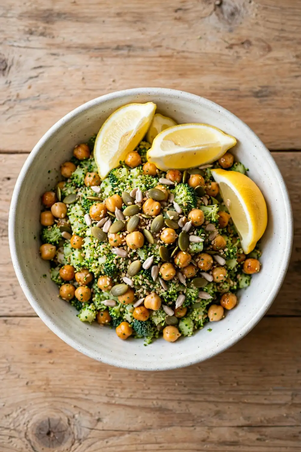Chopped broccoli and chickpea salad with crunchy mixed seeds and lemon dressing