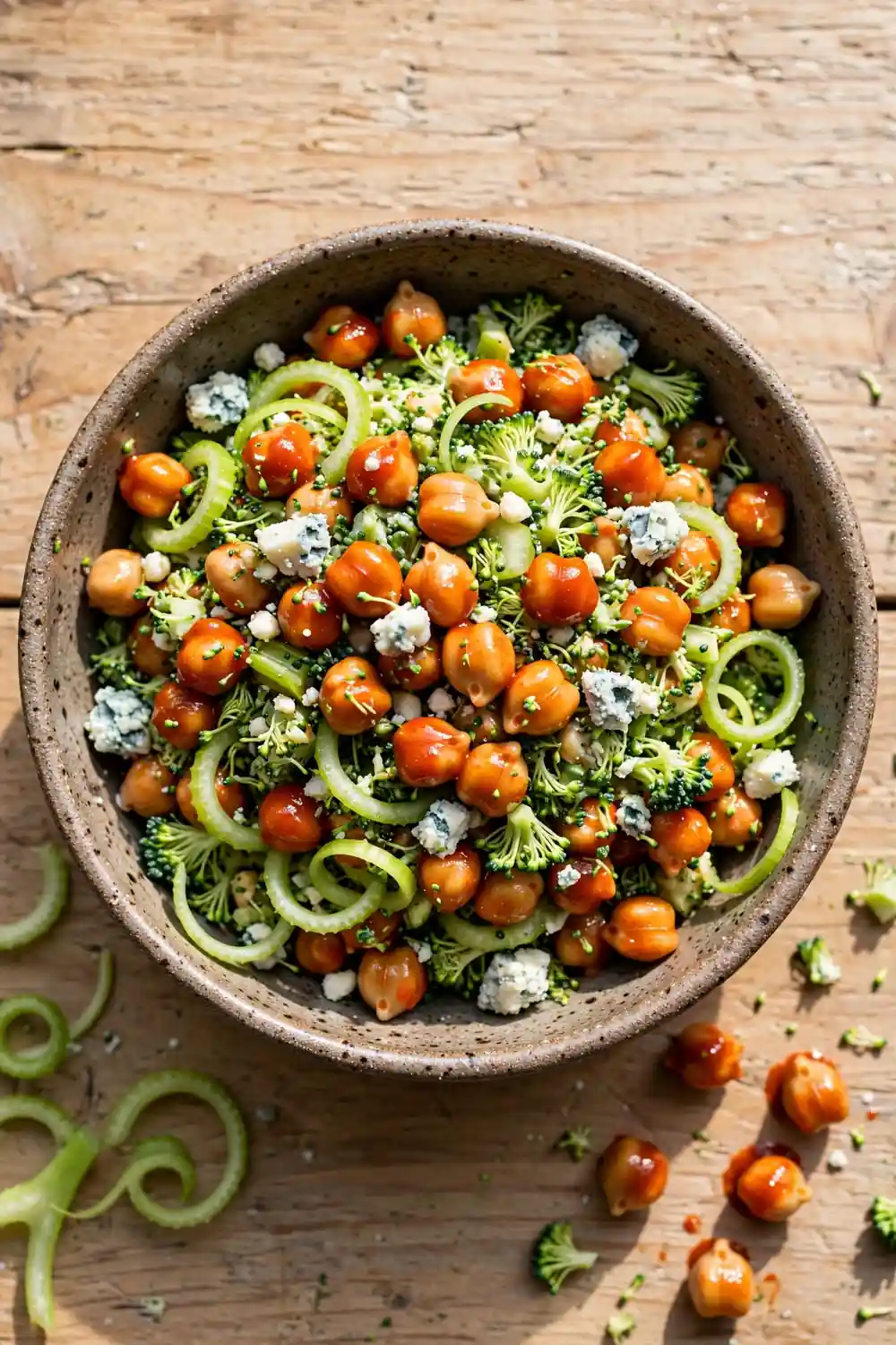 Chopped broccoli and chickpea salad with buffalo chickpeas and blue cheese