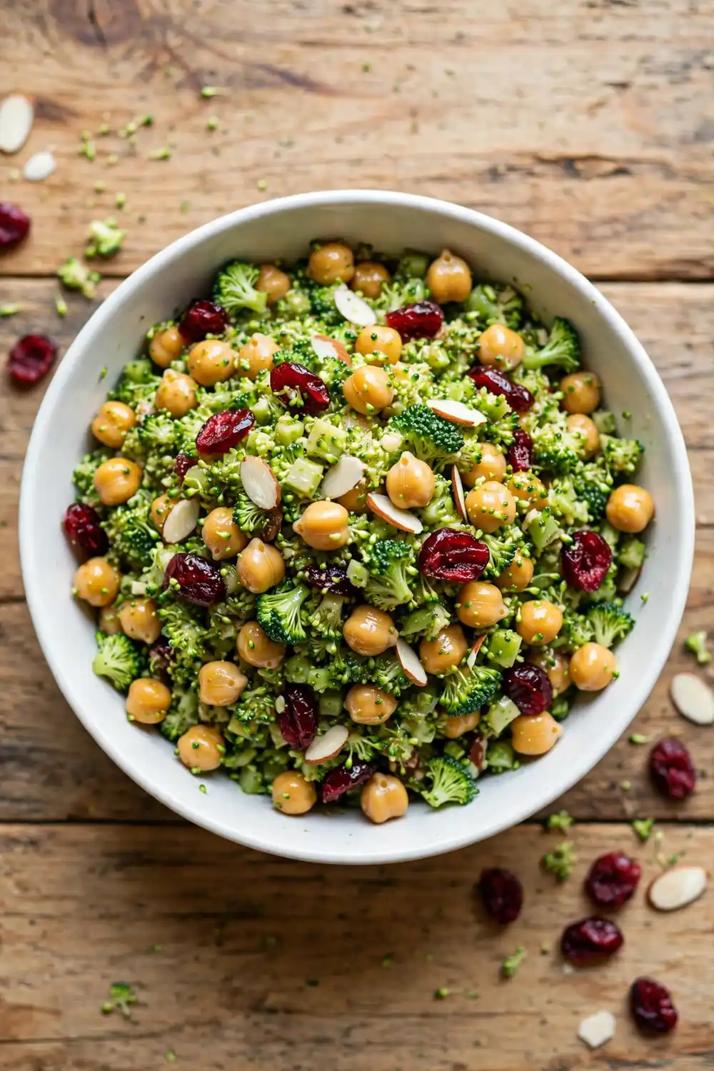 Chopped broccoli and chickpea salad with dried cranberries and sliced almonds