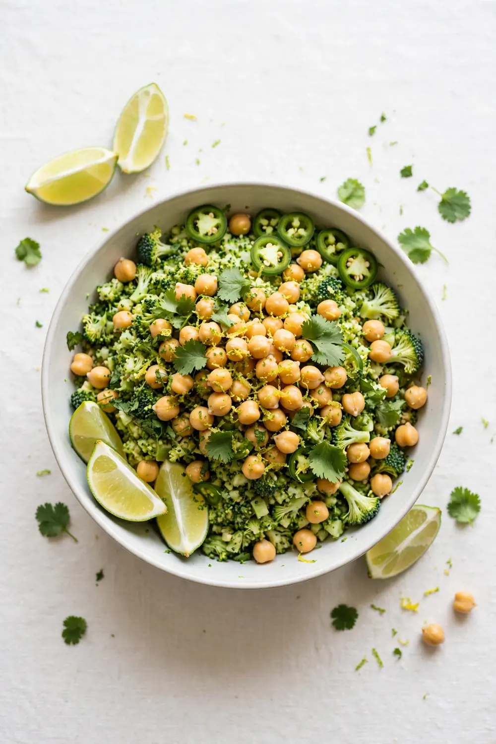 Chopped broccoli and chickpea salad with cilantro, lime zest, and jalapeno