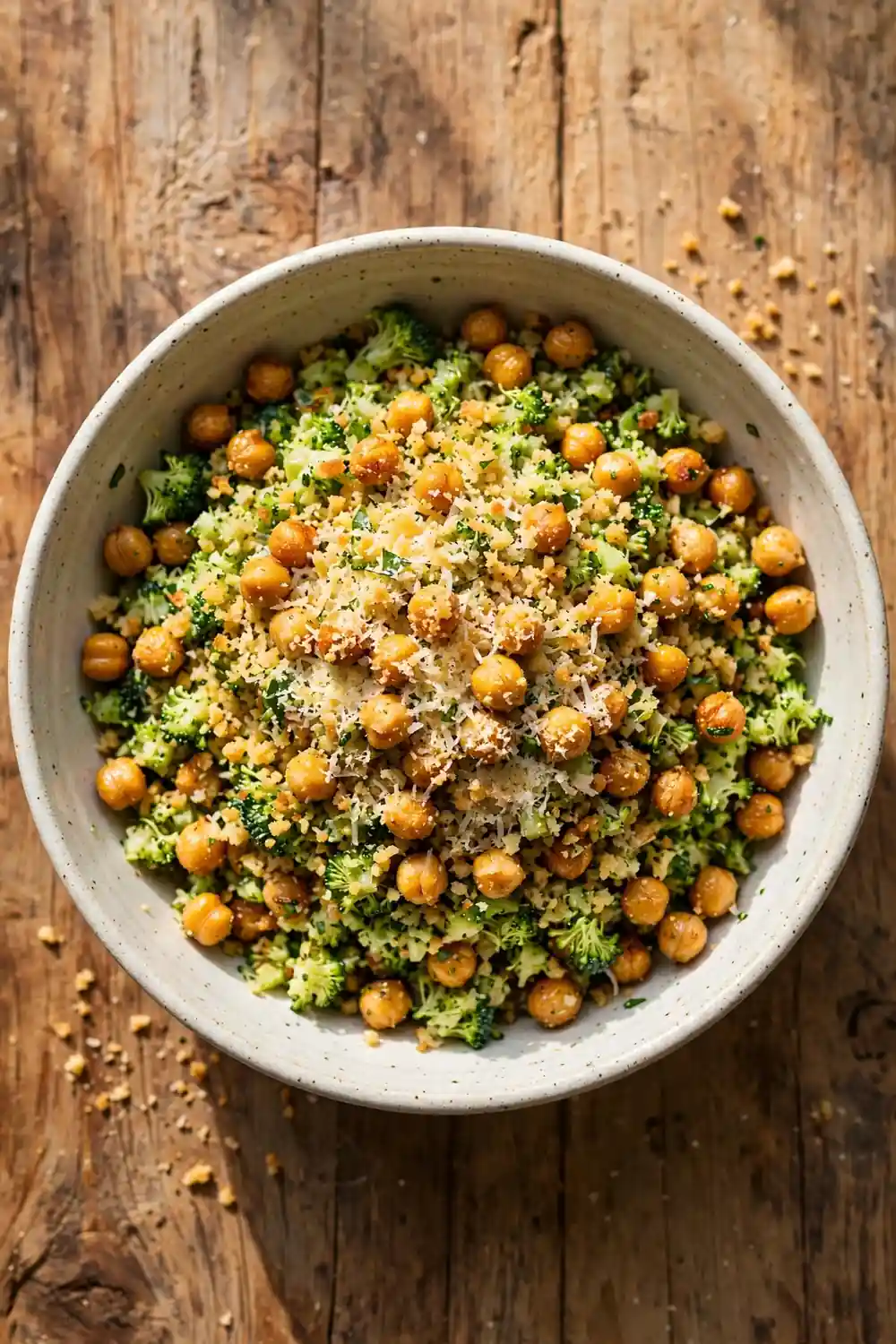 Chopped broccoli and chickpea salad with garlic parmesan and toasted breadcrumbs
