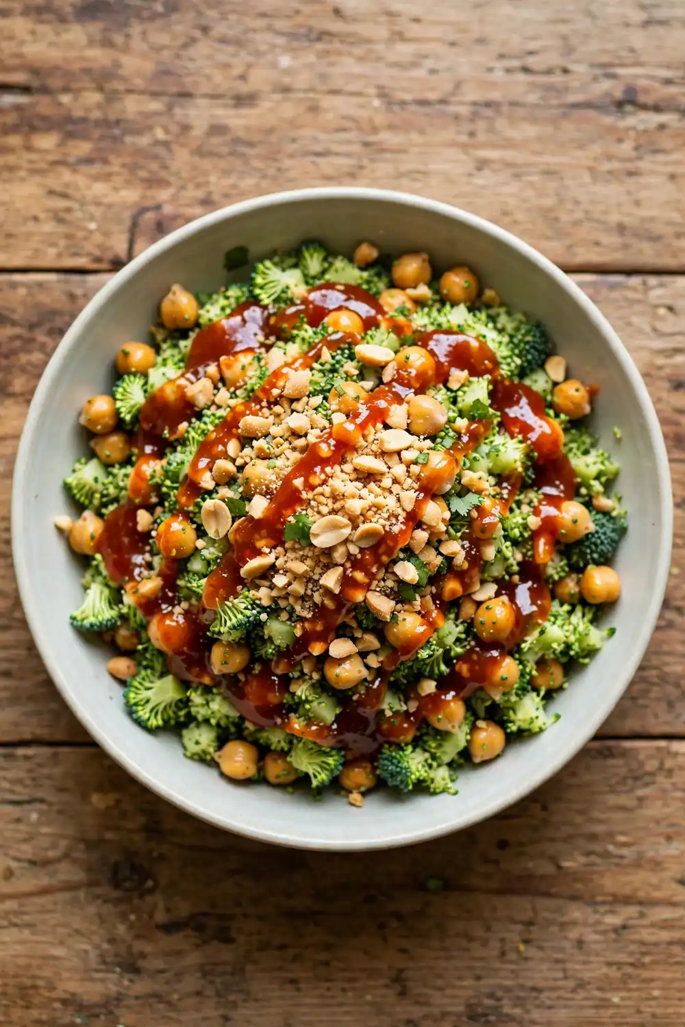 Chopped broccoli and chickpea salad with sweet chili drizzle and peanuts