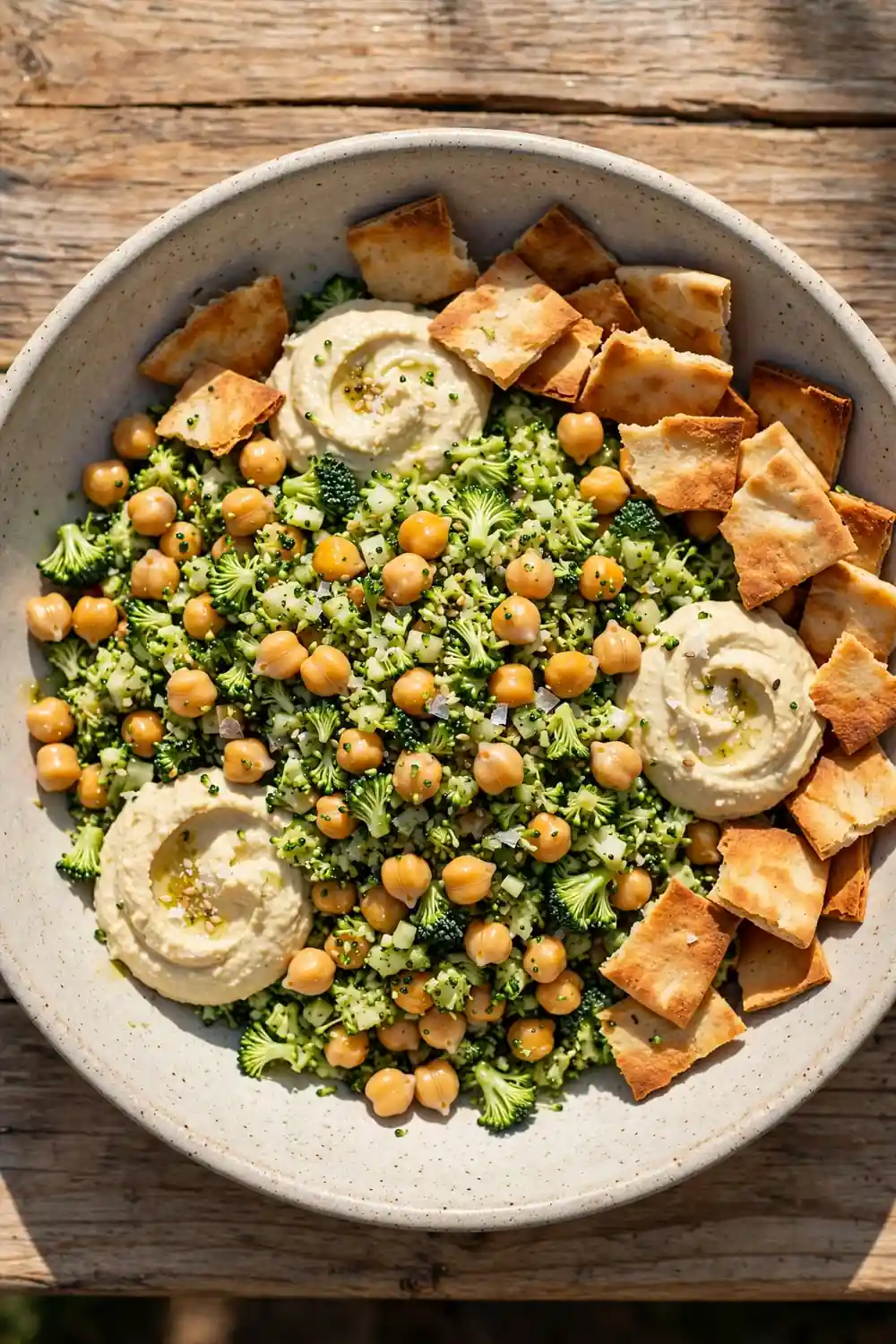 Chopped broccoli and chickpea salad with toasted pita chips and hummus dollops