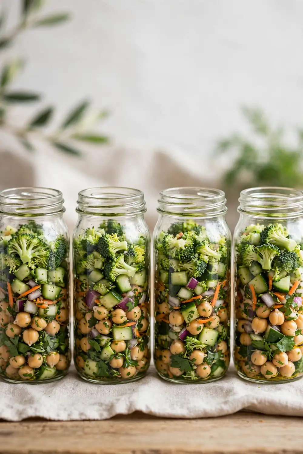 Chopped broccoli and chickpea salad layered in meal prep jars