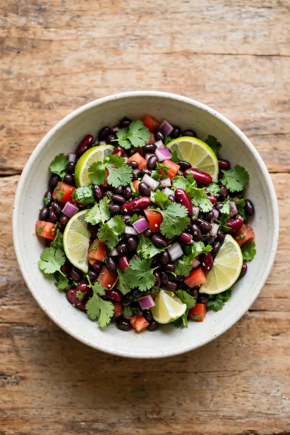 Bean salad with whole beans, cilantro, lime and tomato