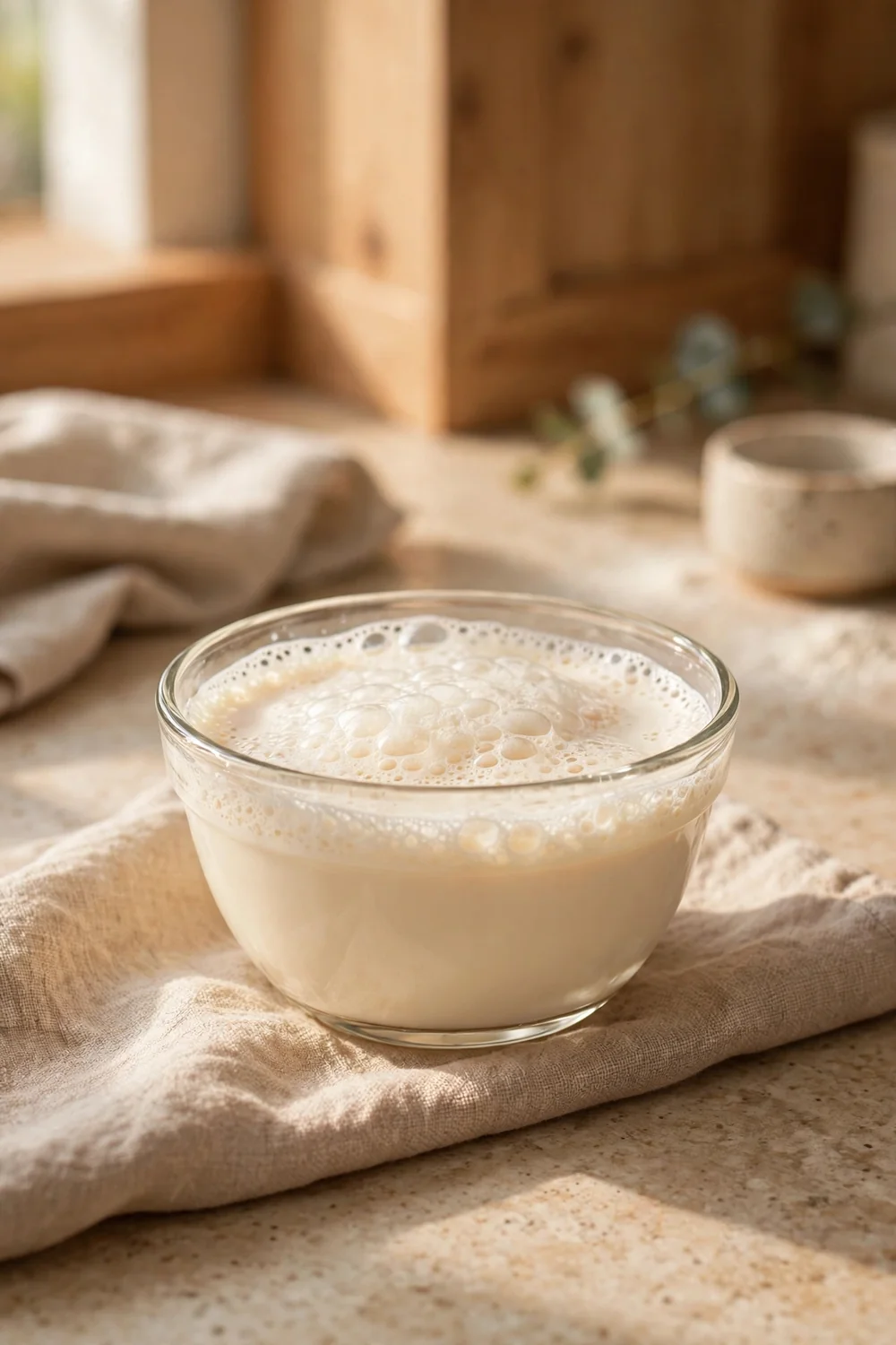 Fresh yeast foaming in warm milk with sugar in a small glass bowl