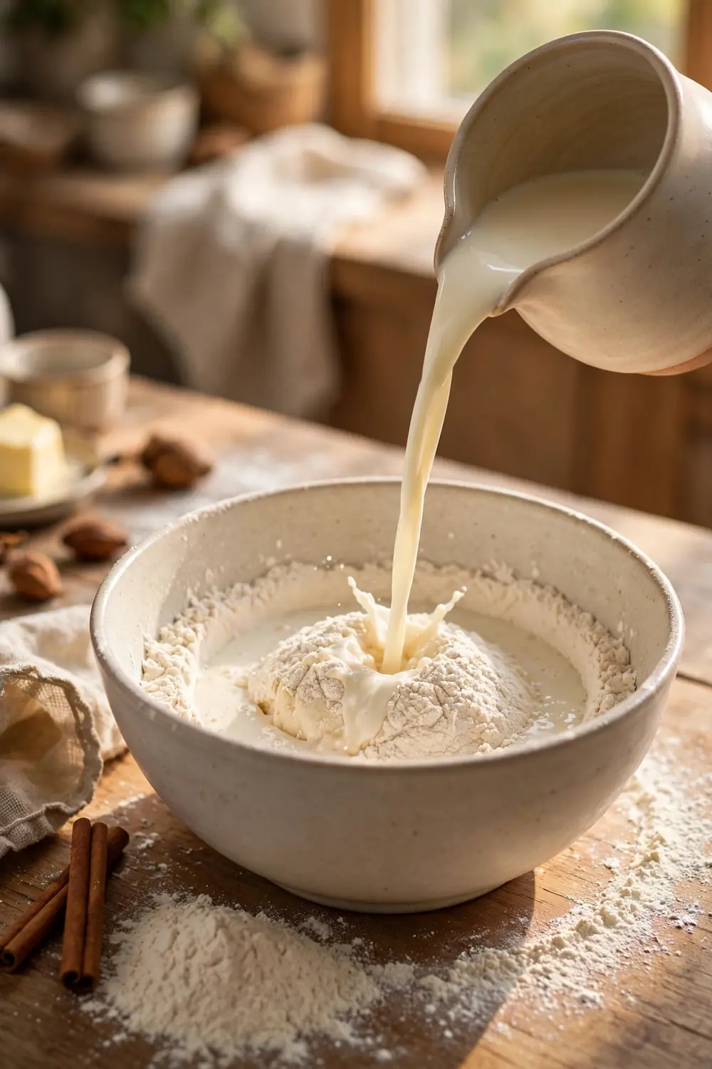 Warm milk being poured into a bowl of flour on a kitchen counter