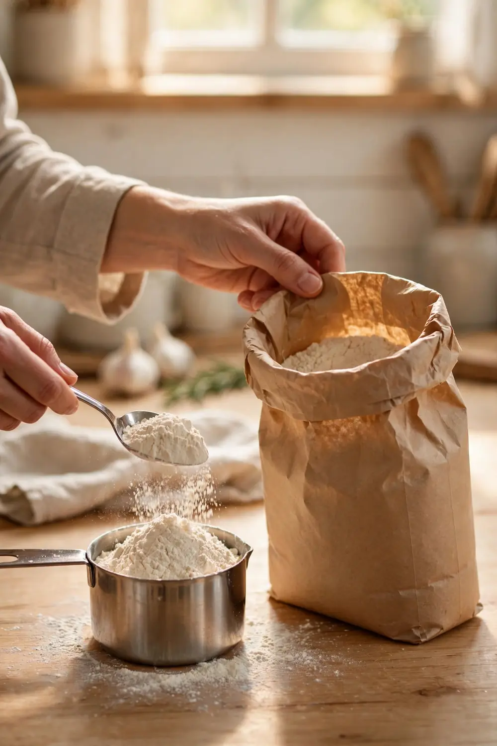 Hands spooning flour into a measuring cup on a kitchen counter