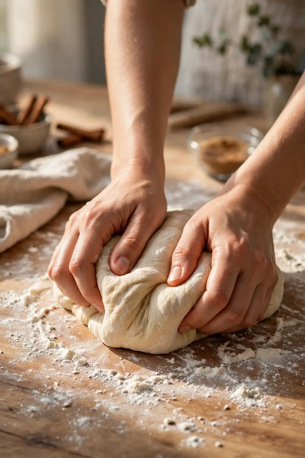 Hands kneading smooth soft dough on a lightly floured counter