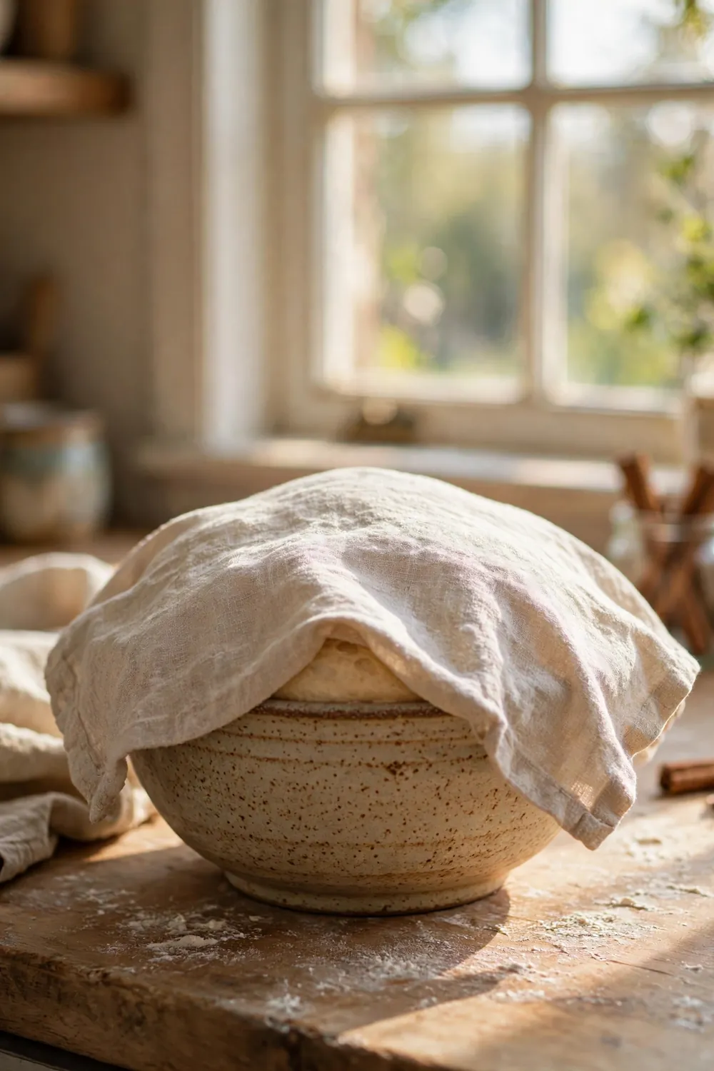 Bowl of dough rising under a cloth in a warm kitchen corner