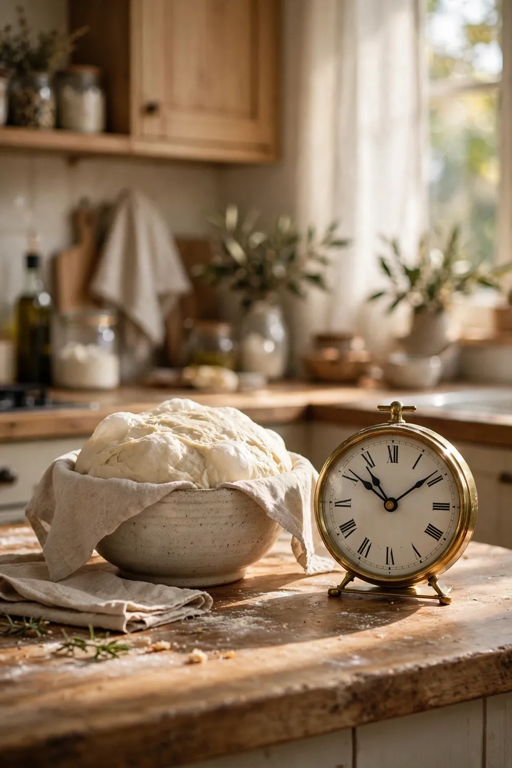 Clock beside a bowl of risen dough on a kitchen counter