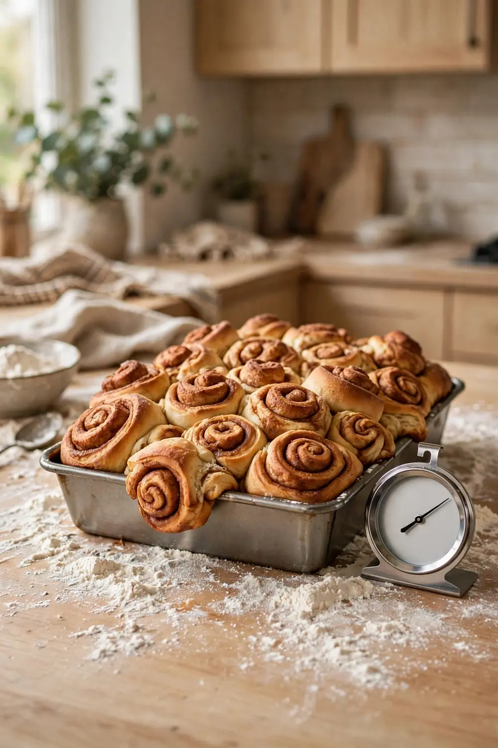 Overfilled pan of crowded cinnamon rolls beside a thermometer and spilled flour