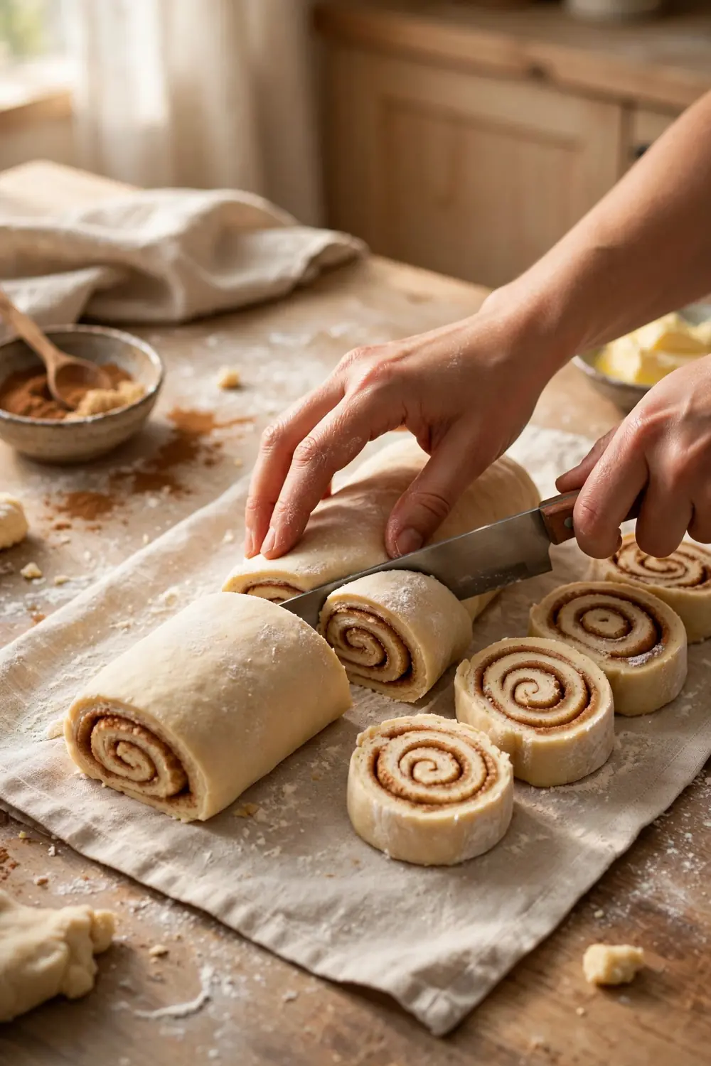 Hands cutting a rolled log of dough into even rolls with thread