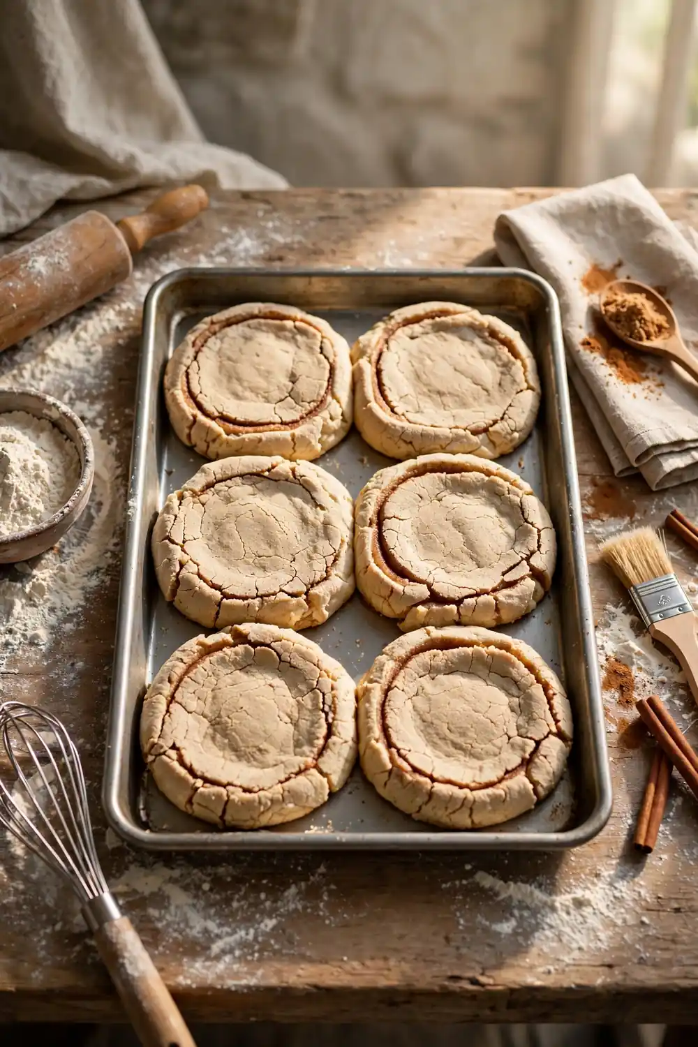 Flat dense rolls beside baking tools on a kitchen counter