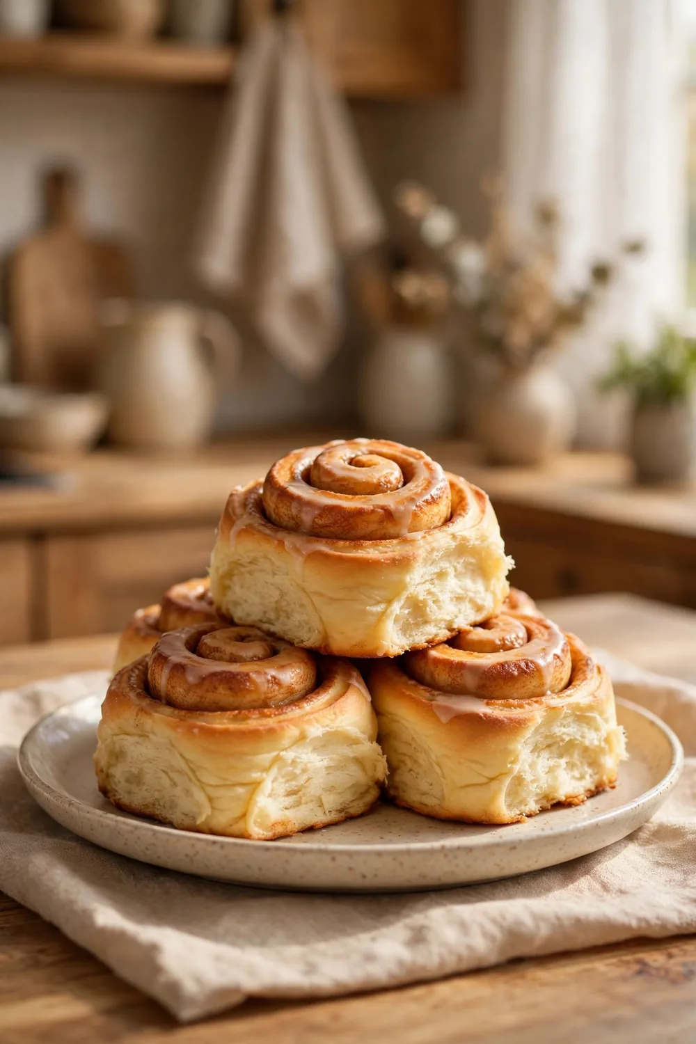 Tall golden risen rolls with soft layers on a plate