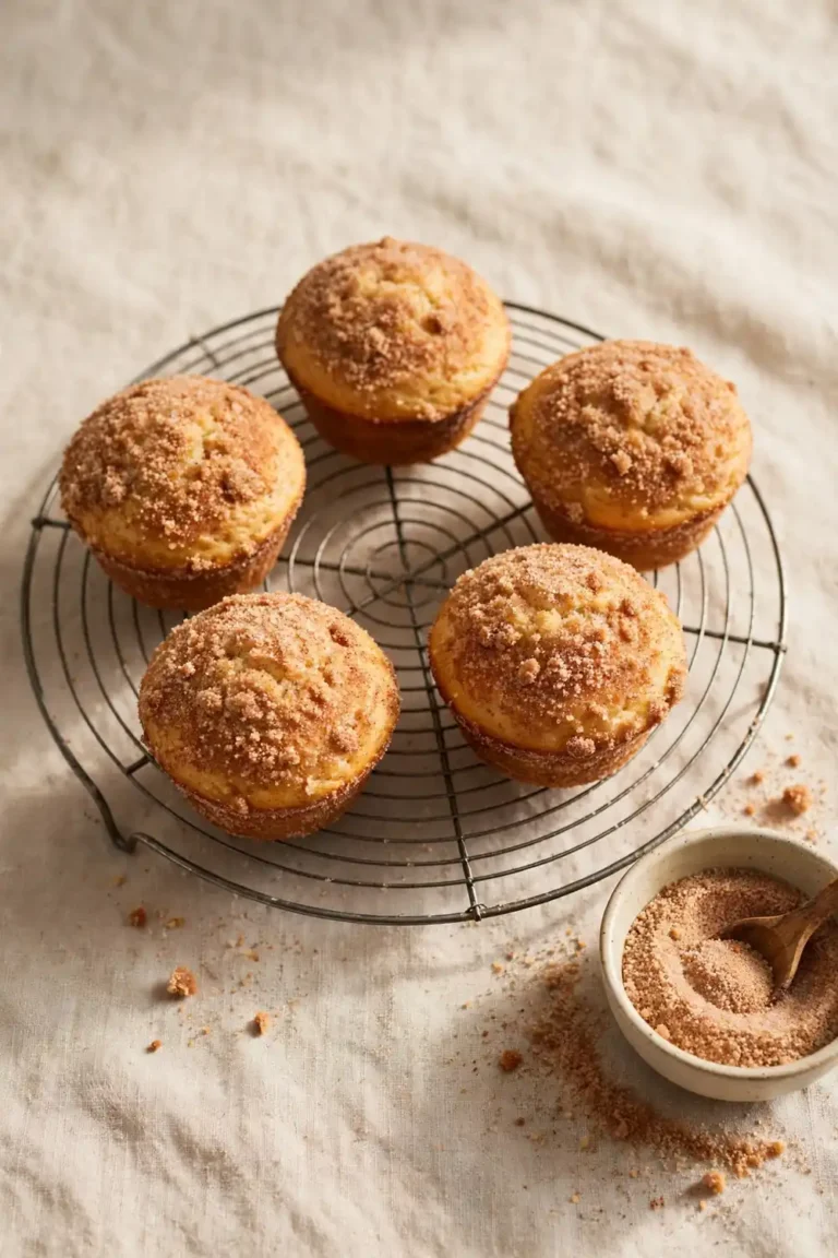 Classic cinnamon sugar donut muffin on a cooling rack