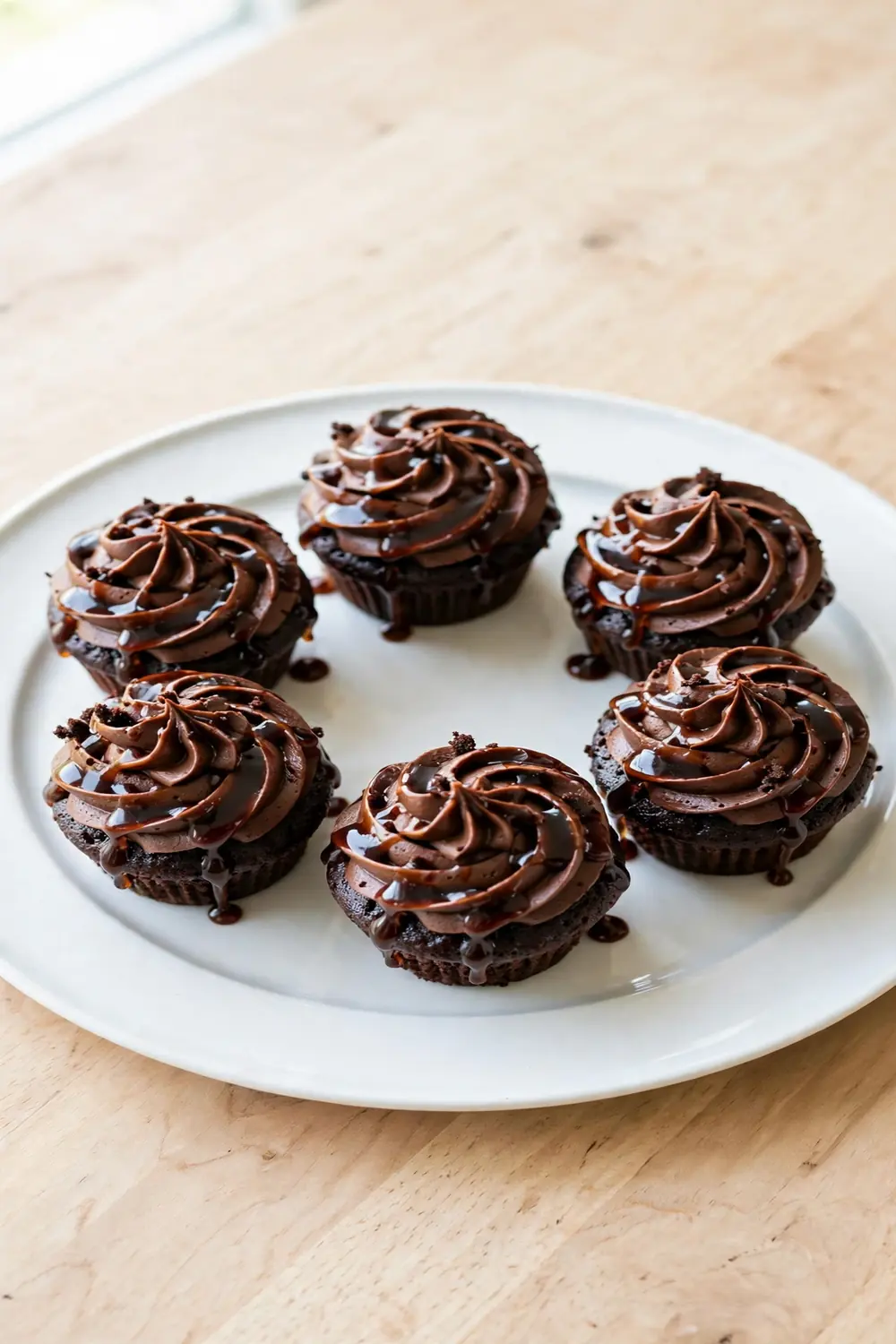 Cola cupcakes with swirled chocolate frosting and cola glaze drizzle on a white plate
