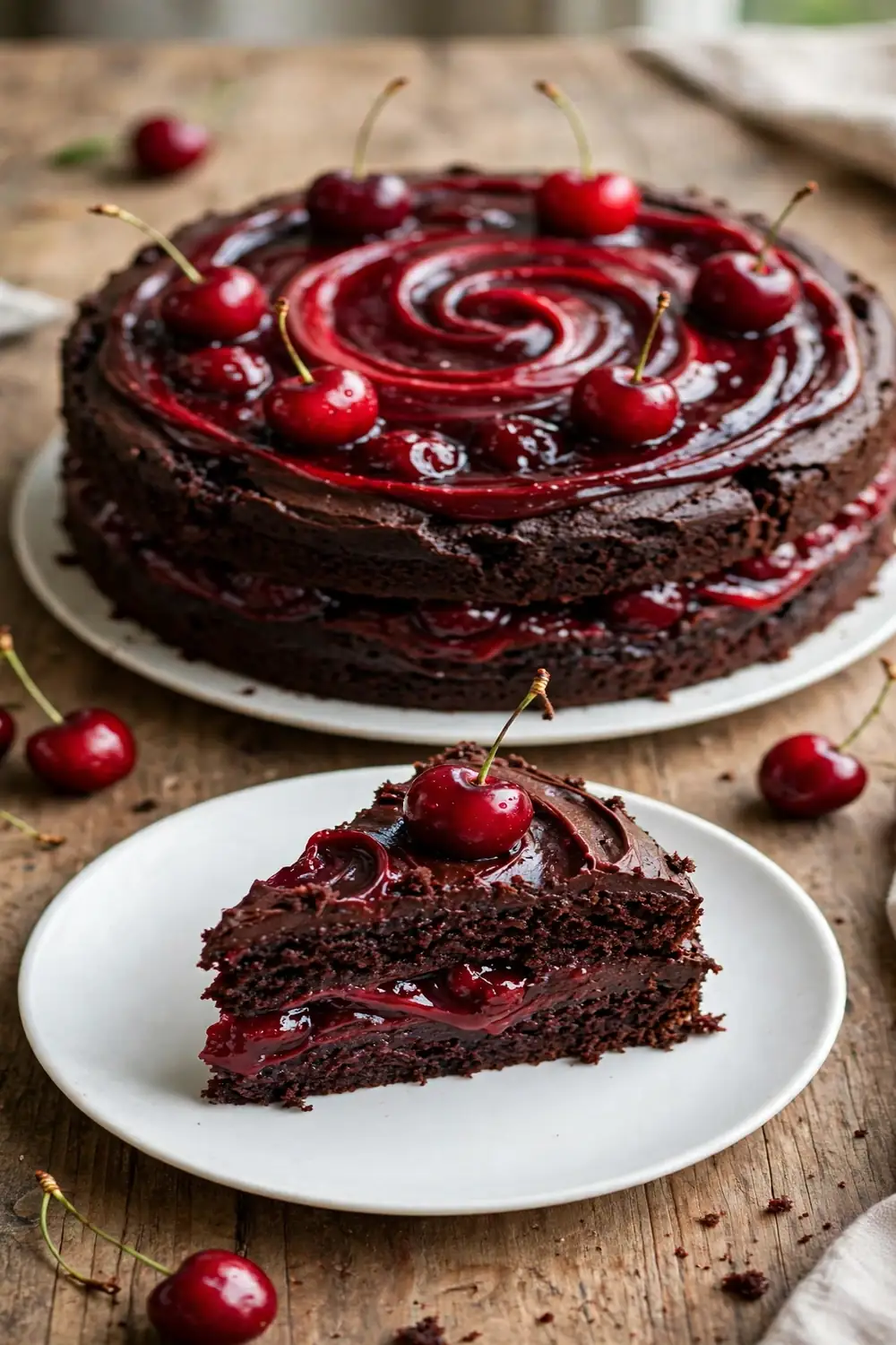 Cherry cola cake with deep red cherry swirl and fresh cherries on top