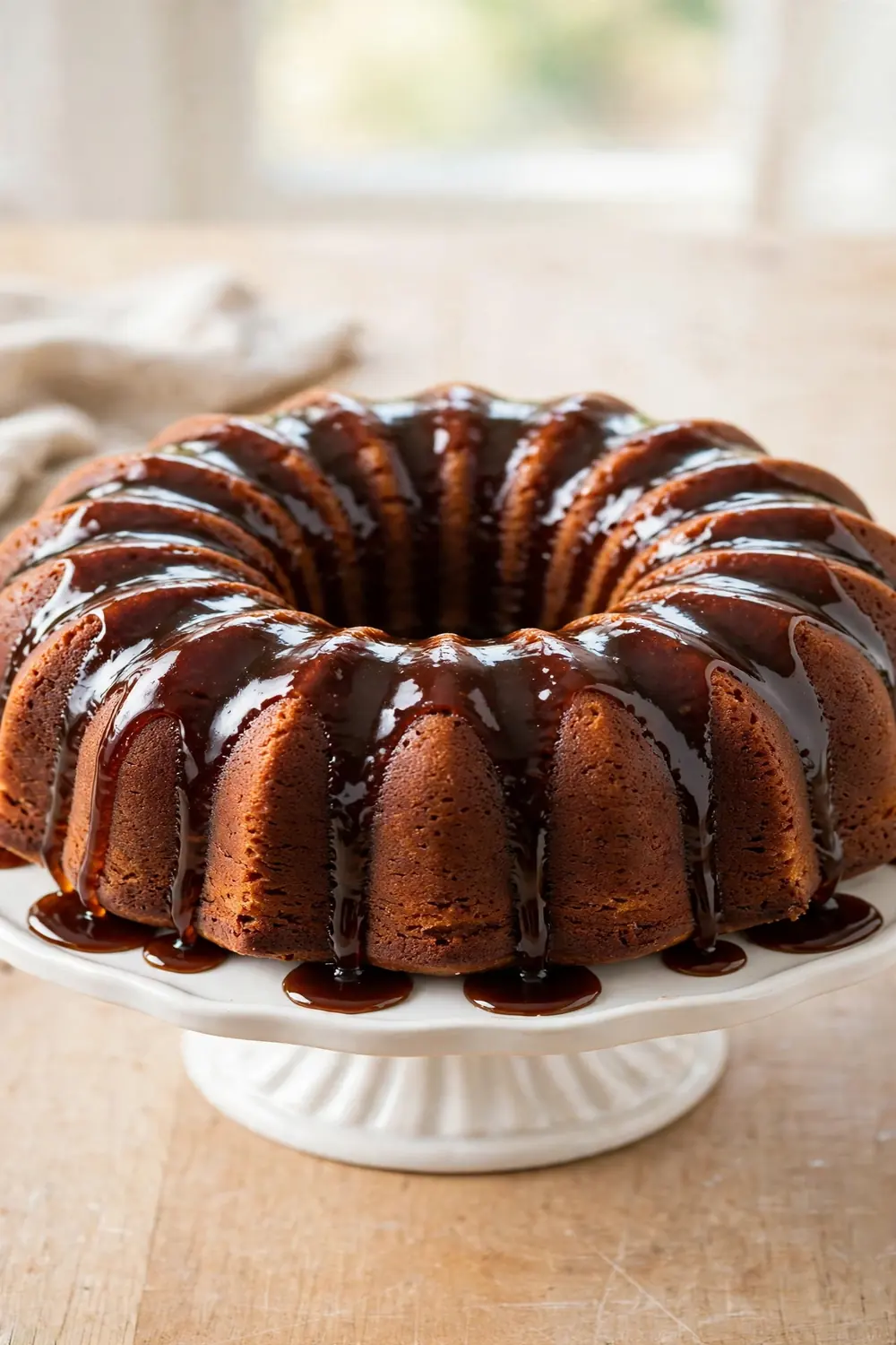 Cola bundt cake with glossy cola glaze dripping down the ridges on a cake stand