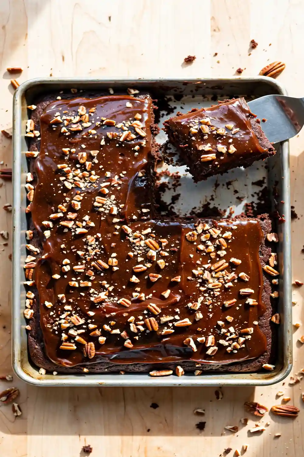Cola sheet pan cake with warm cola frosting and chopped pecans in a rectangular pan