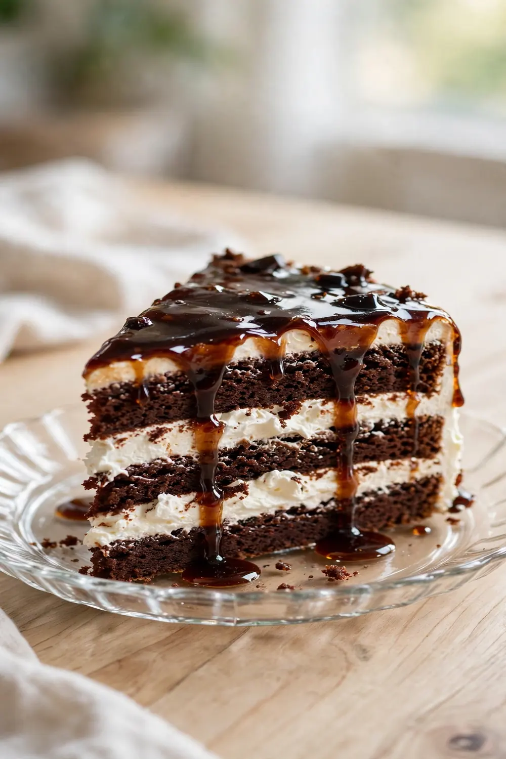 Cola icebox layered cake with whipped cream layers and cola glaze in a glass dish