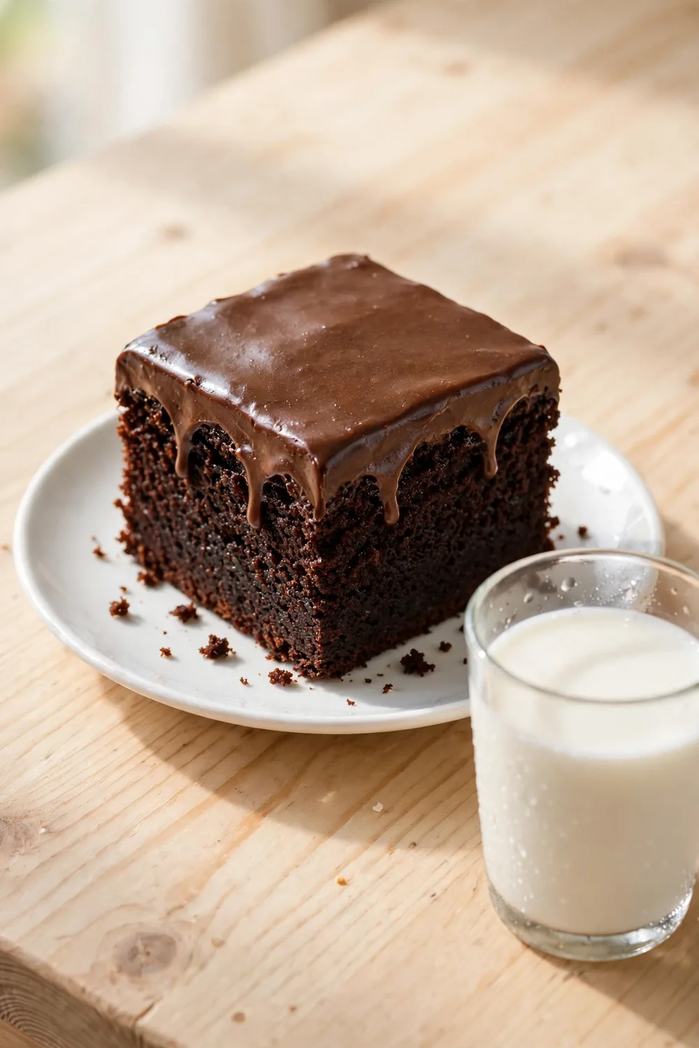 Cola snack cake square with simple cola frosting beside a glass of milk