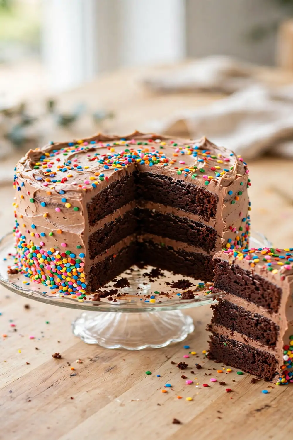 Layered cola celebration cake with chocolate frosting and colorful sprinkles on a cake stand