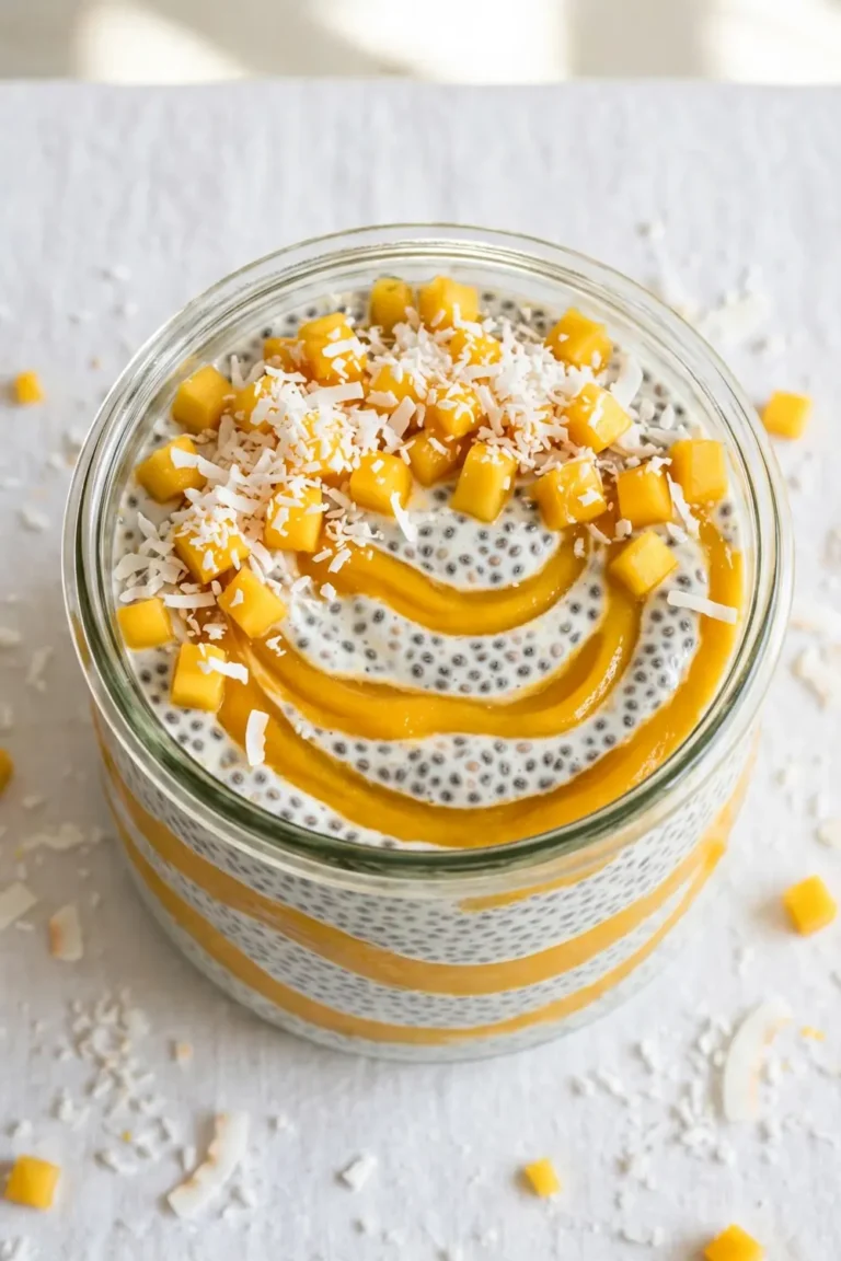 Layered chia pudding with mango and coconut in a clear glass jar