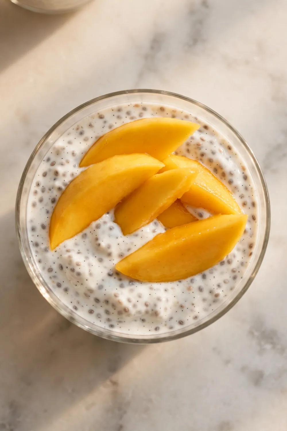 Vanilla chia pudding with coconut milk and mango slices in a glass