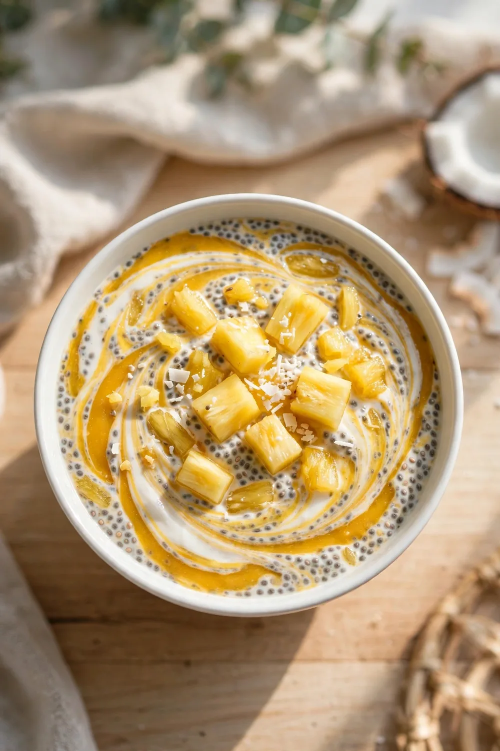 Chia pudding swirled with pineapple and coconut in a white bowl
