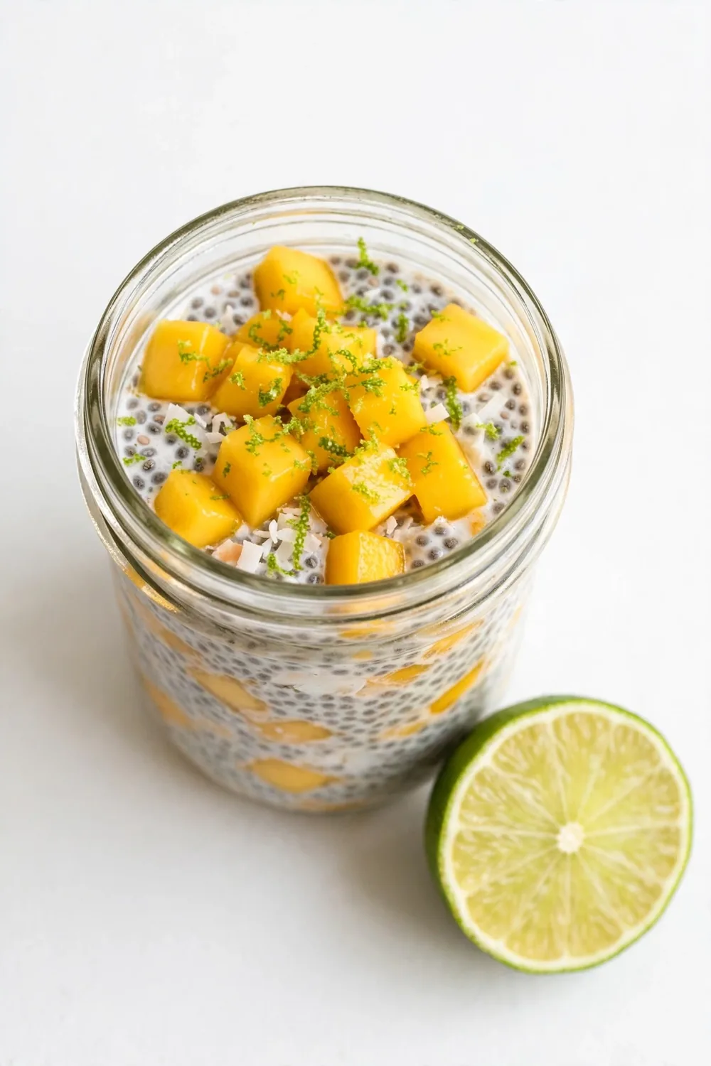 Chia pudding with lime zest and mango chunks in a glass jar