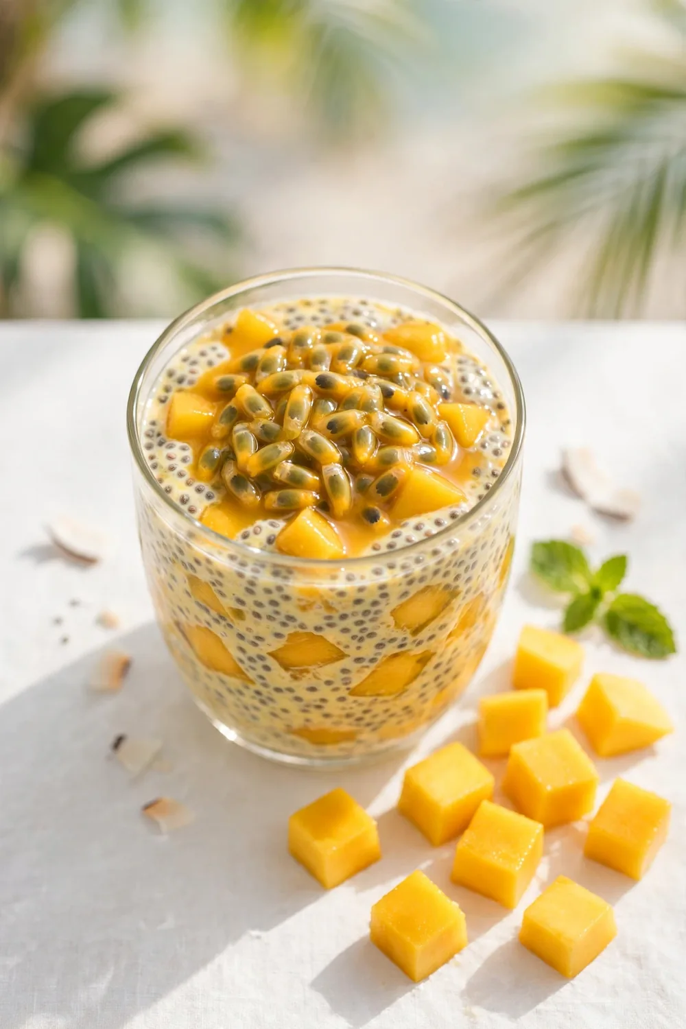 Chia pudding with passion fruit pulp and mango in a clear glass