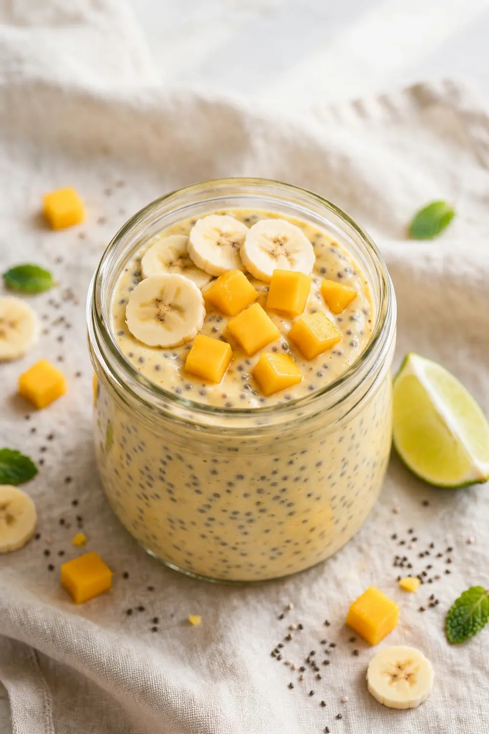 Chia pudding blended with banana and mango in a glass jar