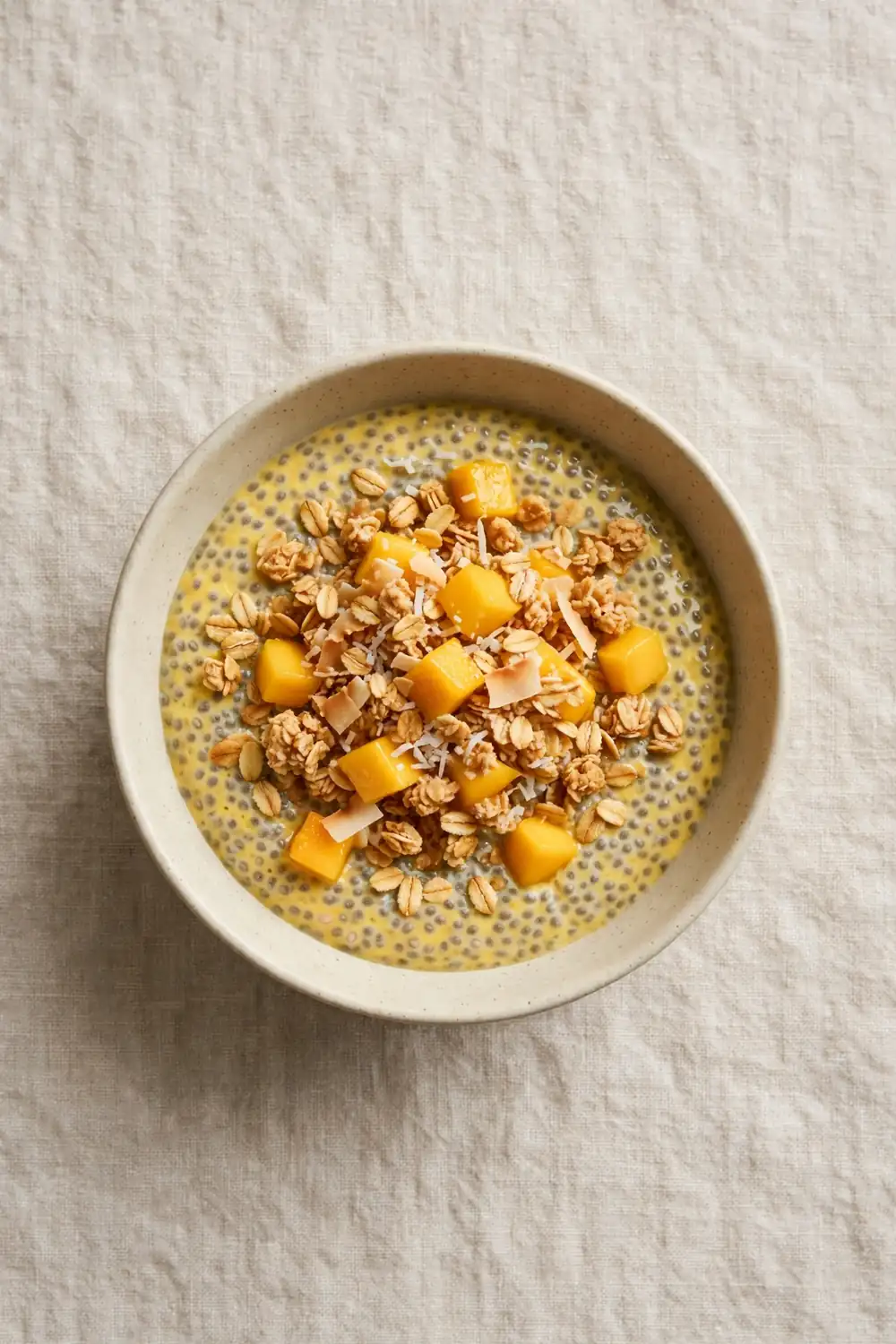 Chia pudding with crunchy granola and mango pieces in a bowl