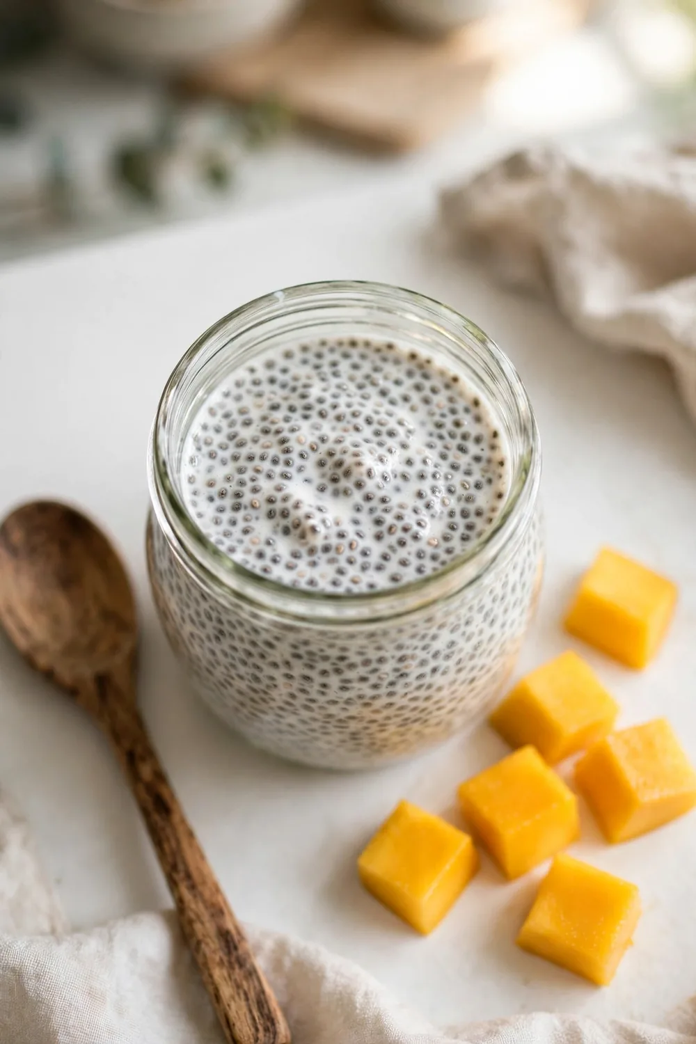 Chia seeds soaking in coconut milk with mango in a glass jar