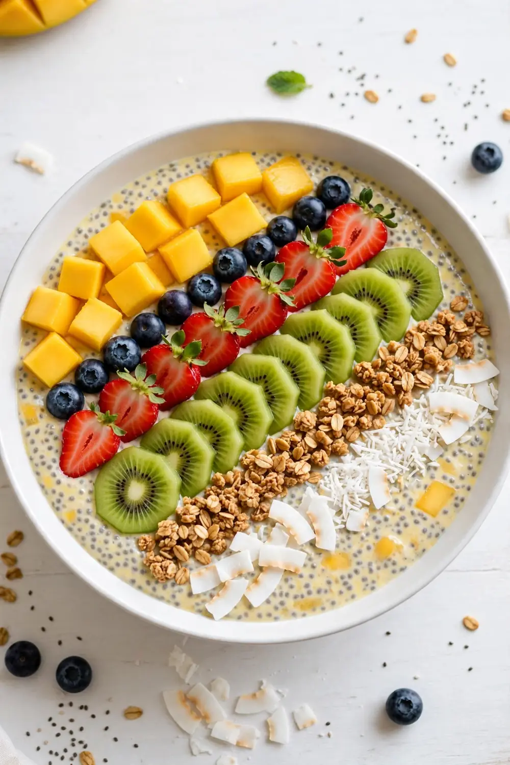 Chia pudding breakfast bowl with mango, coconut, berries, and granola