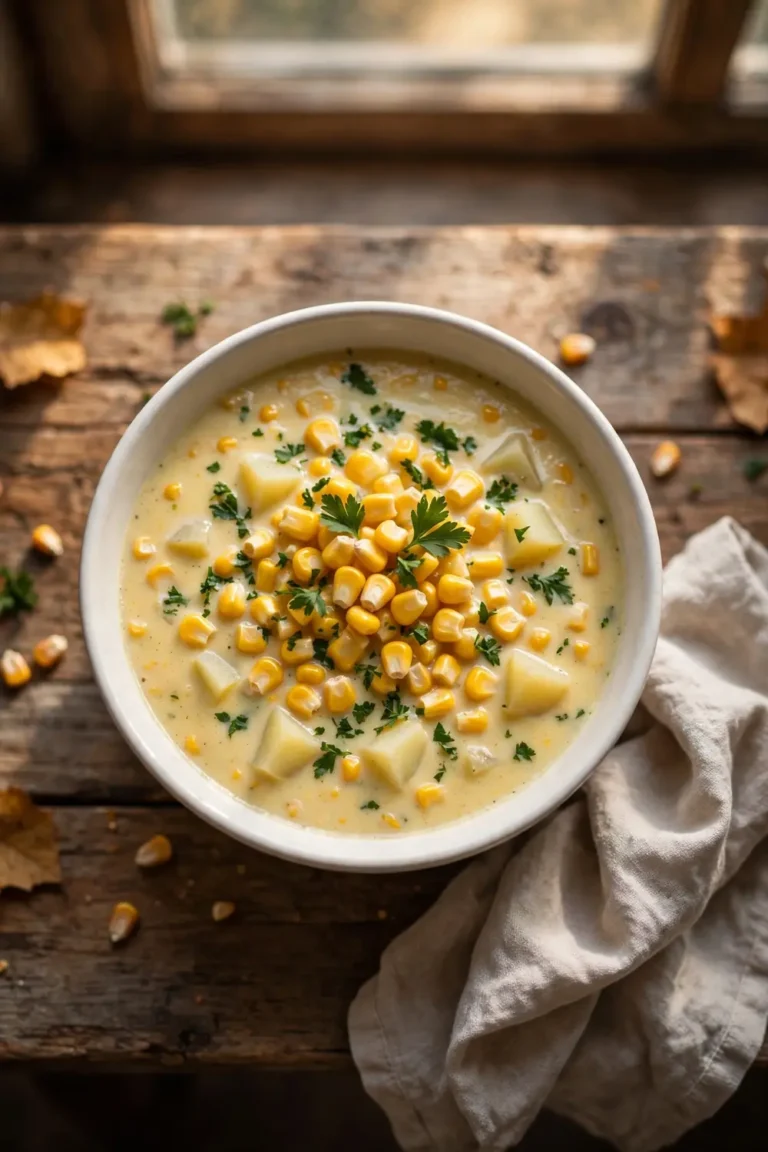 Creamy corn soup in a white bowl on a wooden table