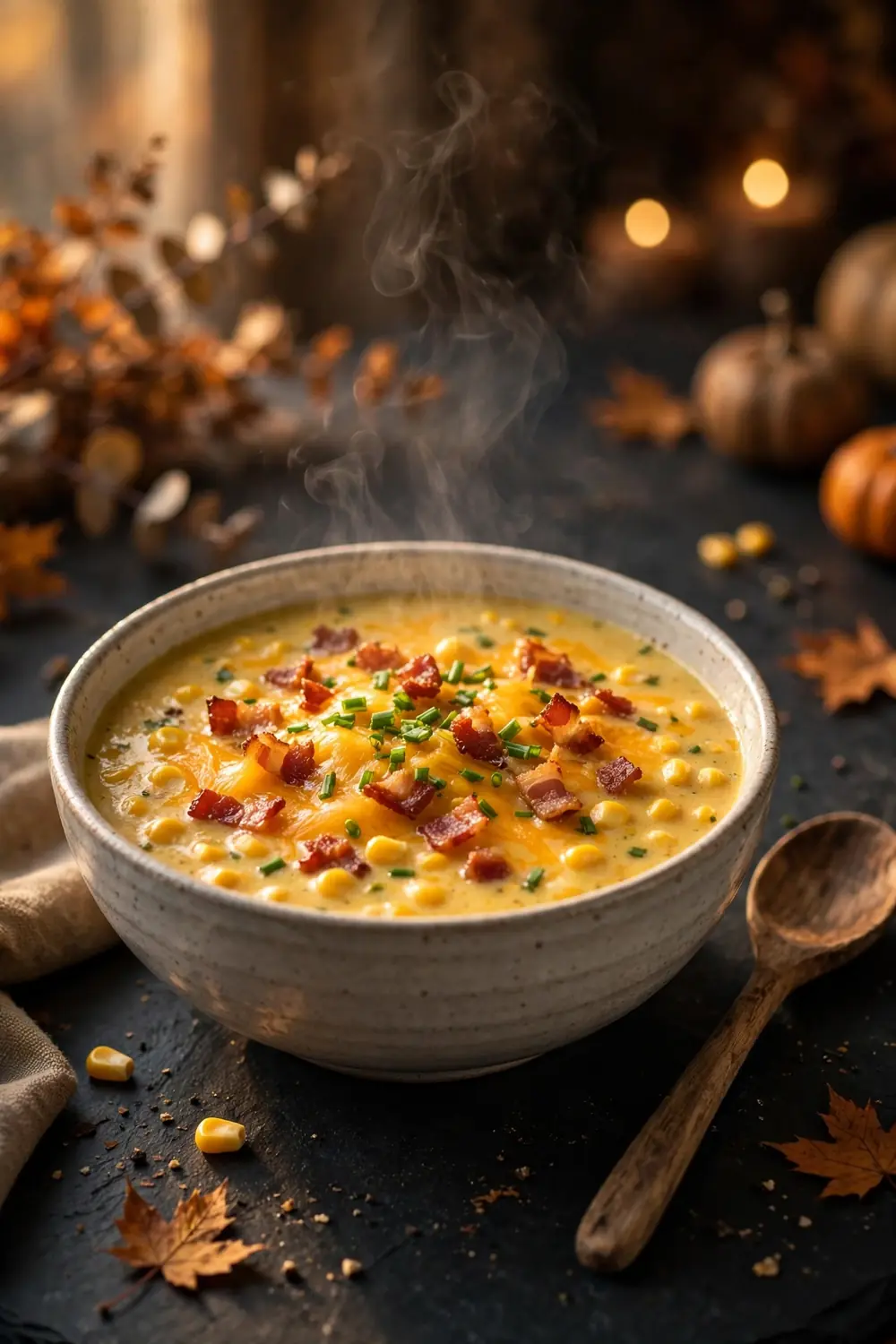 Corn soup bowl topped with crispy bacon and cheddar